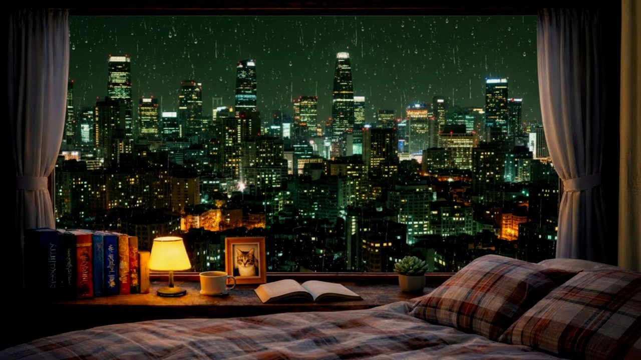 Calm Rain on Glass with City Night View | Sleep Sounds | 3 Hours
