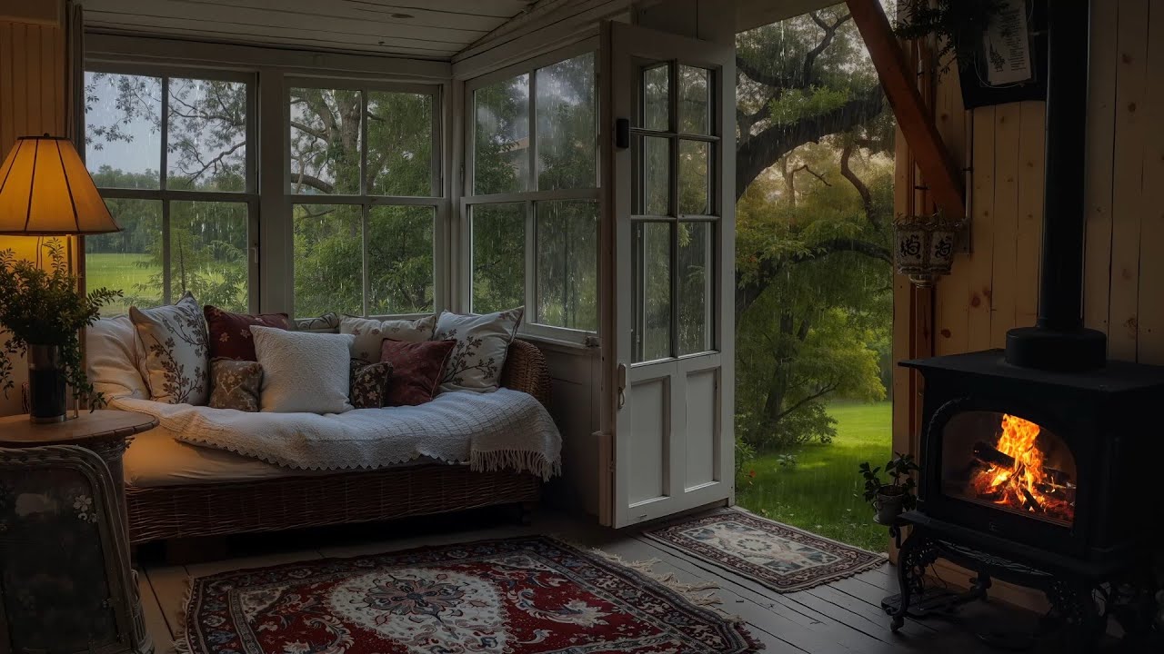 Peaceful Rainy Day on Cabin Ambience | Cozy Fireplace & Soothing Rain Sounds for Sleeping Instantly