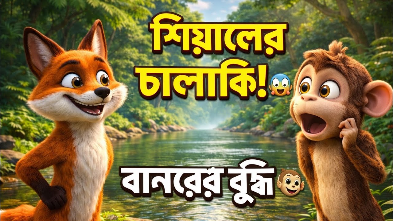 শিয়ালের চালাকি! 🦊😲 বানরের বুদ্ধি 🐒🔥নদীর পারে কী হলো? 😱শিয়াল না বানর—কে জিতল?(@kiddigitaltv)