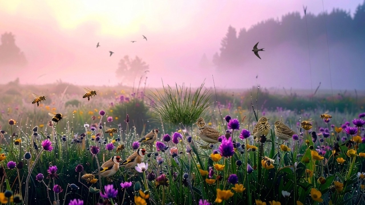 4K Meadow Odyssey Ambience: Hear the Morning Birdsong & Cuckoo Amidst Dewy Wildflowers
