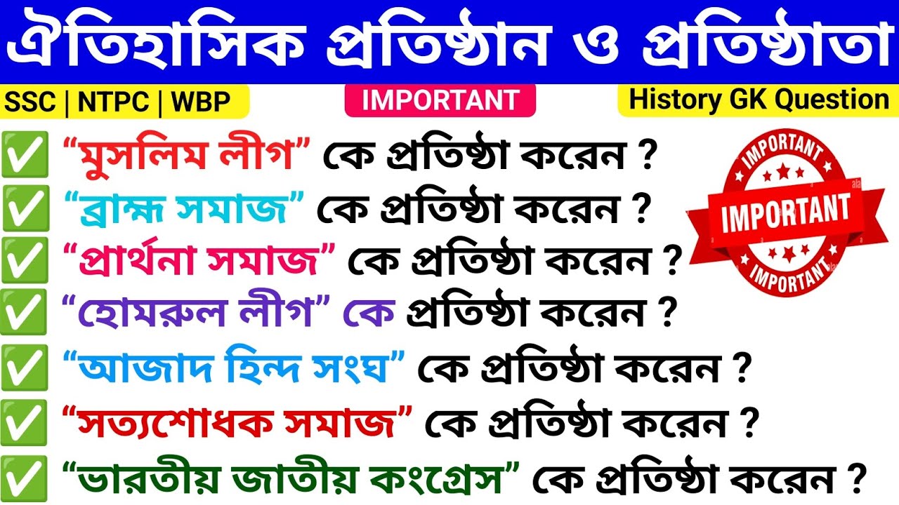 ঐতিহাসিক প্রতিষ্ঠান ও প্রতিষ্ঠাতা | Historical Organizations & Their Founders| History GK In Bengali