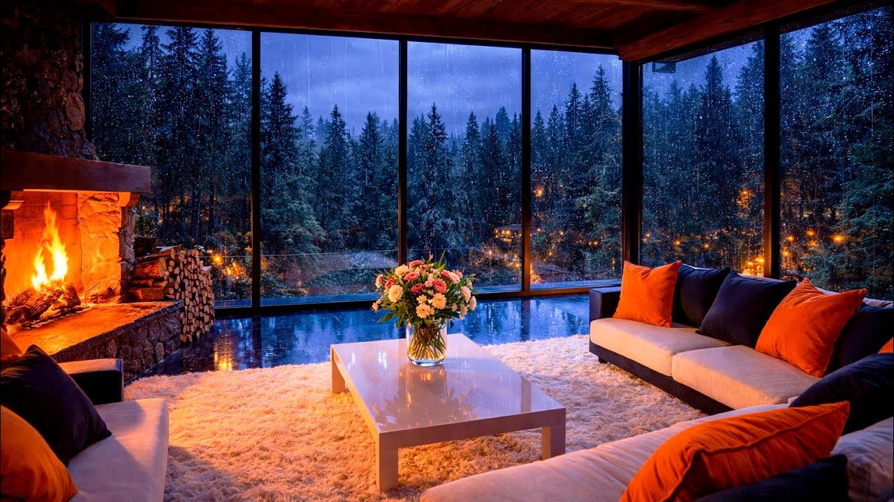Rainstorm Night in a Cozy Cabin Fireplace 🌧️🔥 Thunder & Rain Sounds for Deep Sleep