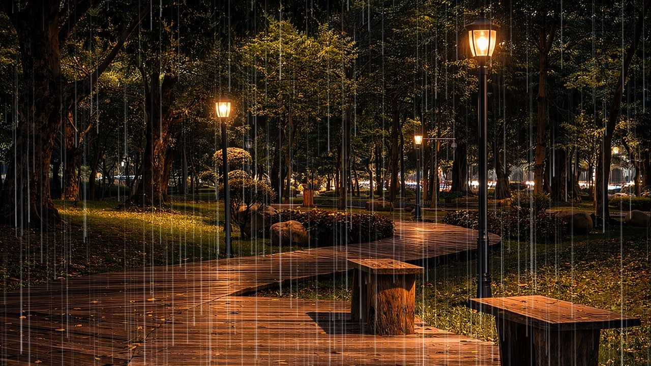 🌙 밤 공원 가로등 빗소리 8시간 🌧 깊은 숙면 유도 | 힐링 백색소음 ASMR | 감성 산책 무드