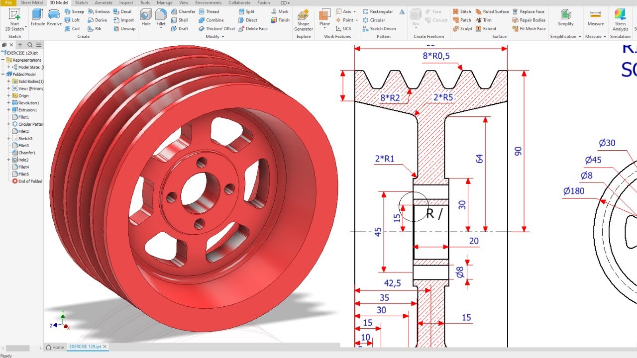 Autodesk Inventor  Mechanical 4-v pulley Designed EXERCISE 129