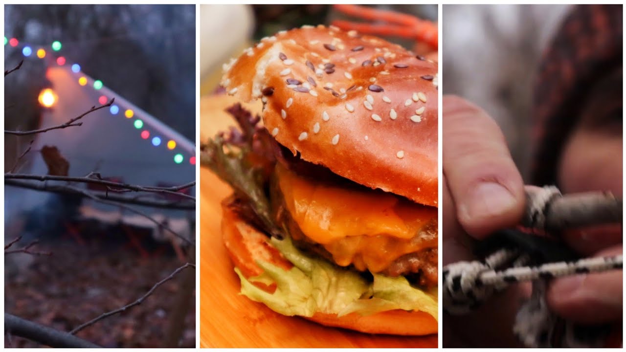 Csendes adventi gasztro bushcraft | gourmetburger | ponyvamenedék | csomózás | szikravető | ASMR