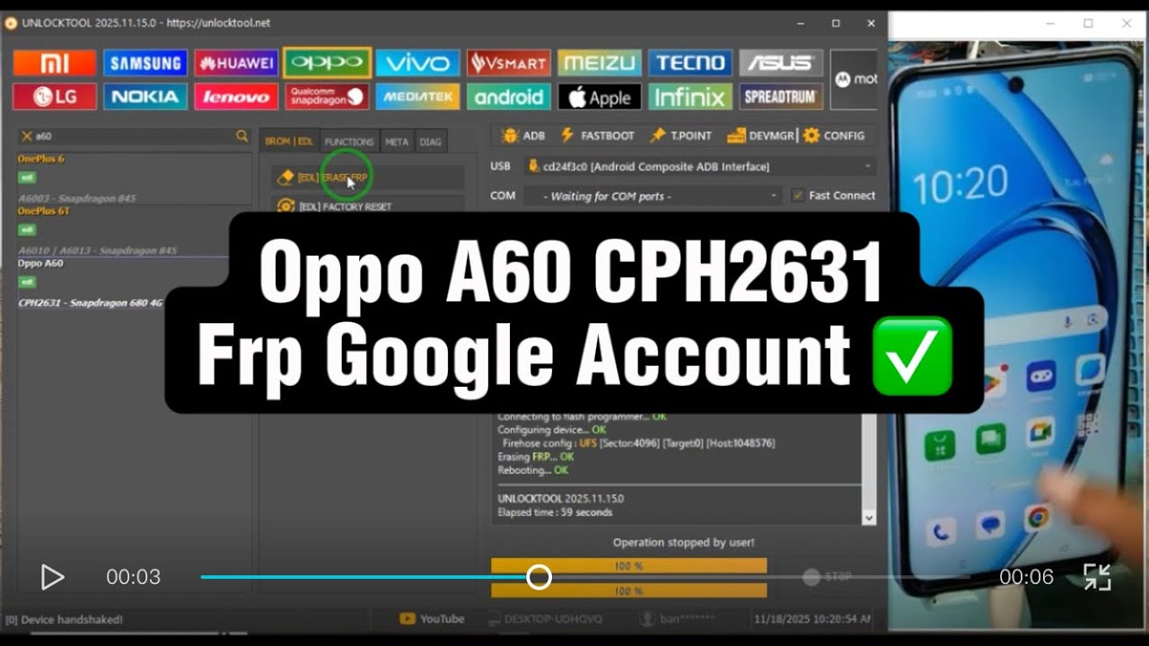 Oppo A60 CPH2631 Frp Google Account bypass with UnlockTool