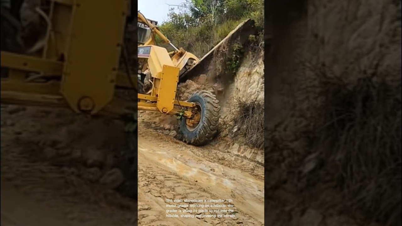 Land grading: caterpillar 12h motor grader shaping hillside for road construction
