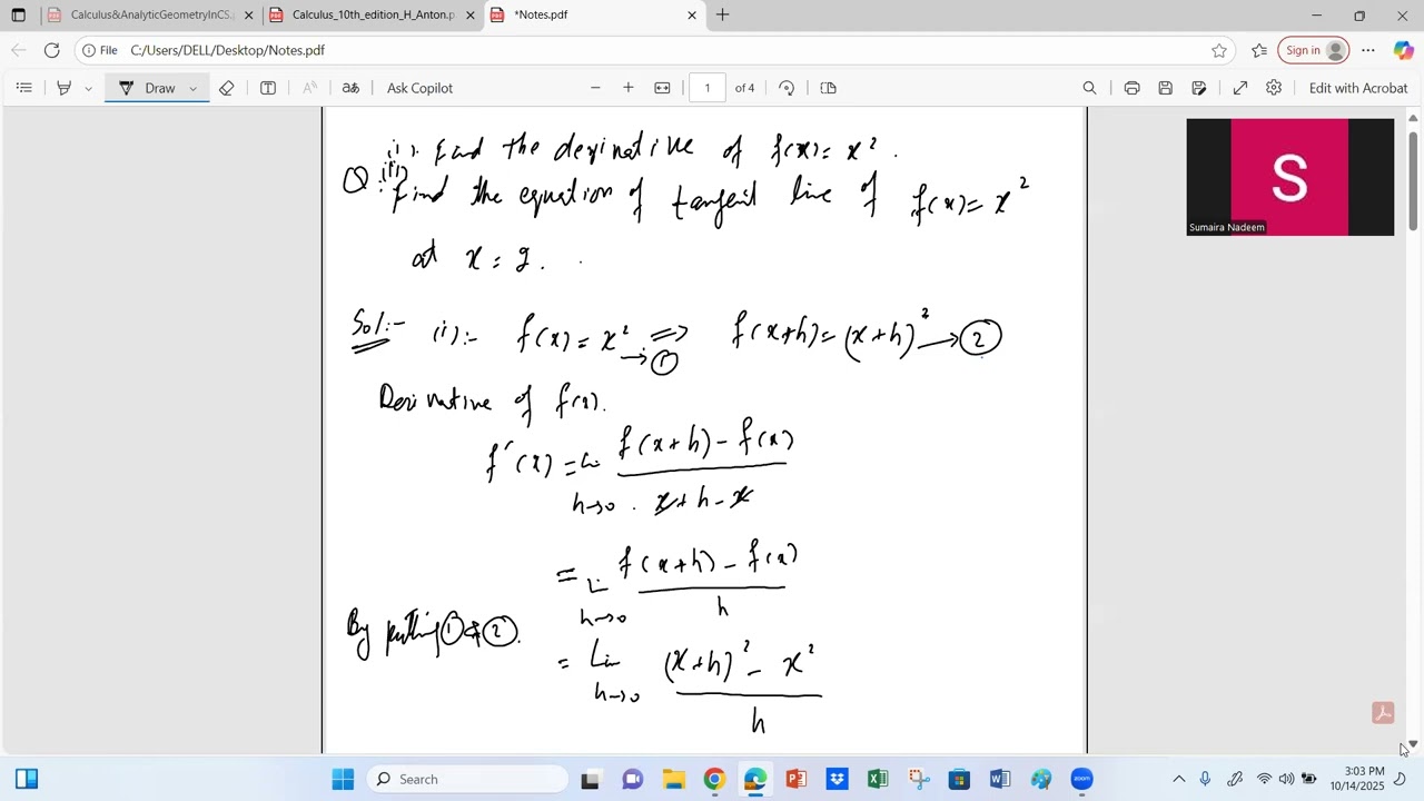 Equation of Tangent line y=4x-4. Derivatiove of function y = x^2 with graphs. Calculus. Mathematics