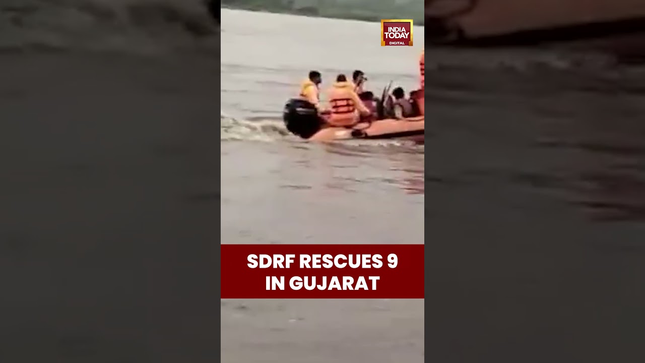 SDRF team rescues 9 people stranded in the flooded Sabarmati River near Danta, Banaskantha, Gujarat