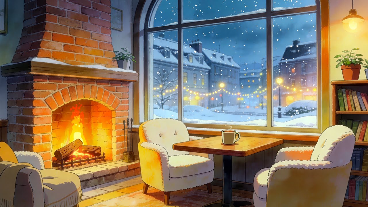 Cozy Winter Coffee Shop Ambience ☕ Crackling Fireplace and Warm Jazz to Read, Relax & Focus