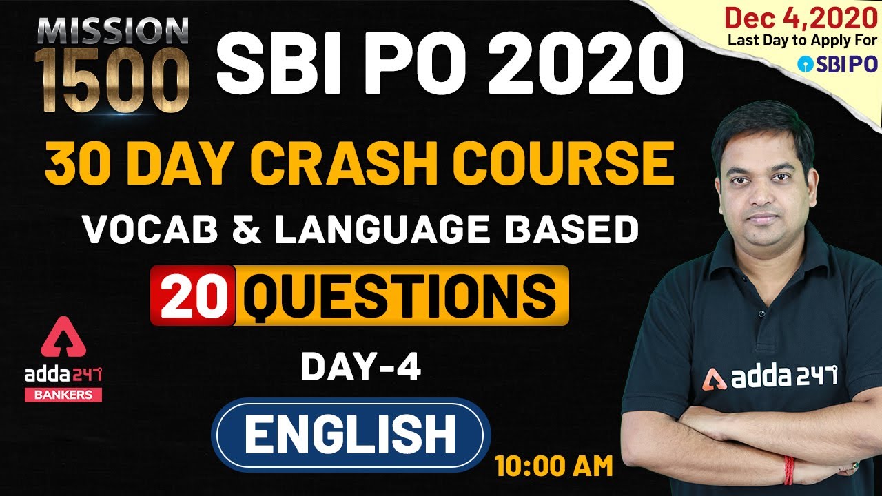 MISSION SBI PO 2020-21 | English 30 Days Crash Course | Vocab & Language Based 20 Questions (Day-4)