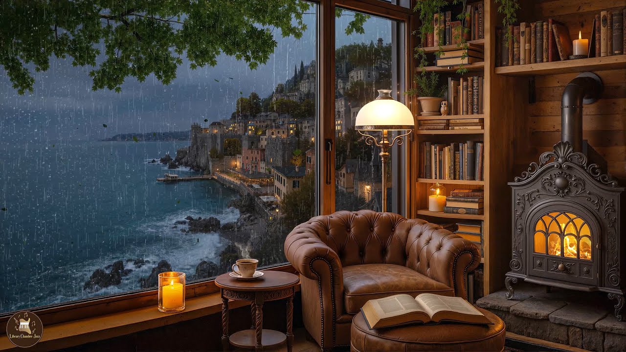 Calm Jazz in a Classic Wooden Library for Rainy Evenings – Smooth Jazz with Rain Sounds & Fireplace