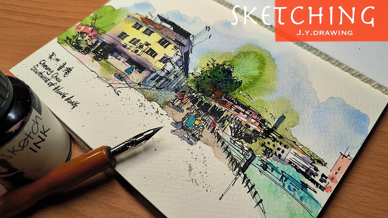 Drawing Street Scene Easy with a Dip Pen and Watercolor Techniques