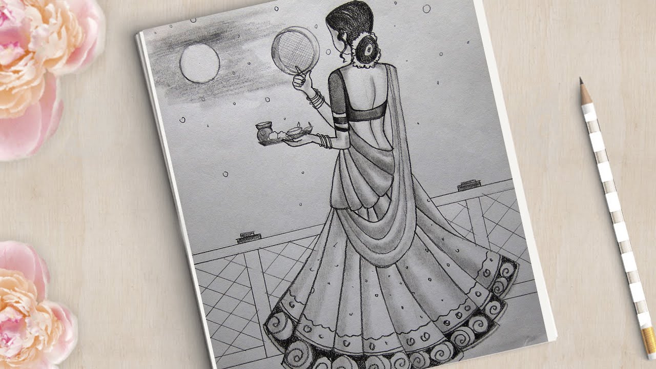 Traditional Karwa Chauth Drawing very easy || How To Draw Karwa Chauth Pencil Drawing