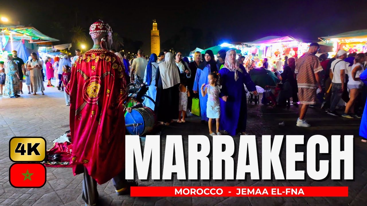 Marrakech de Noche 🌙  | Plaza Jemaa el-Fna en su M&aacute;ximo Esplendor | Walking Tour 4K