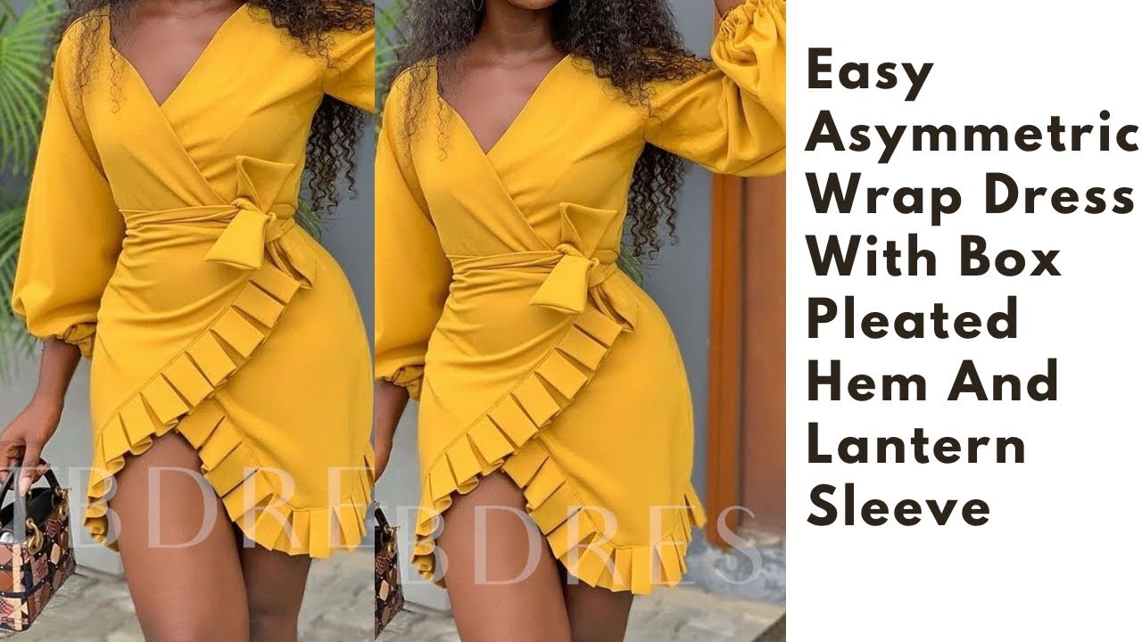 Easy Asymmetric wrap Dress with Box pleated Ruffle Hem And Lantern Sleeve {cutting & stiching}