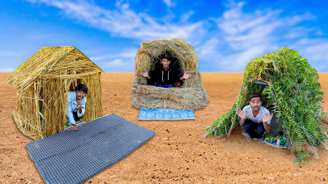 Hut Making CHALLENGE 🛖 Desi Low Budget Overnight Survival