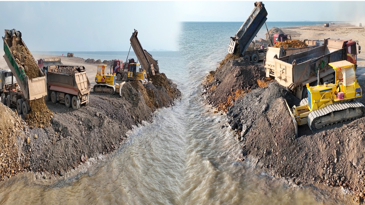 Wow Amazing Work!!DumpTruck 25,5TON Transport Stone Filling Sea With Dozer Push Stone Into Water Sea