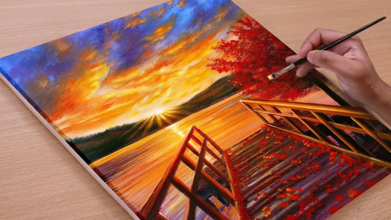 How to Draw a Autumn Sunset Lake/ Acrylic Painting for Beginners / STEP BY STEP #89