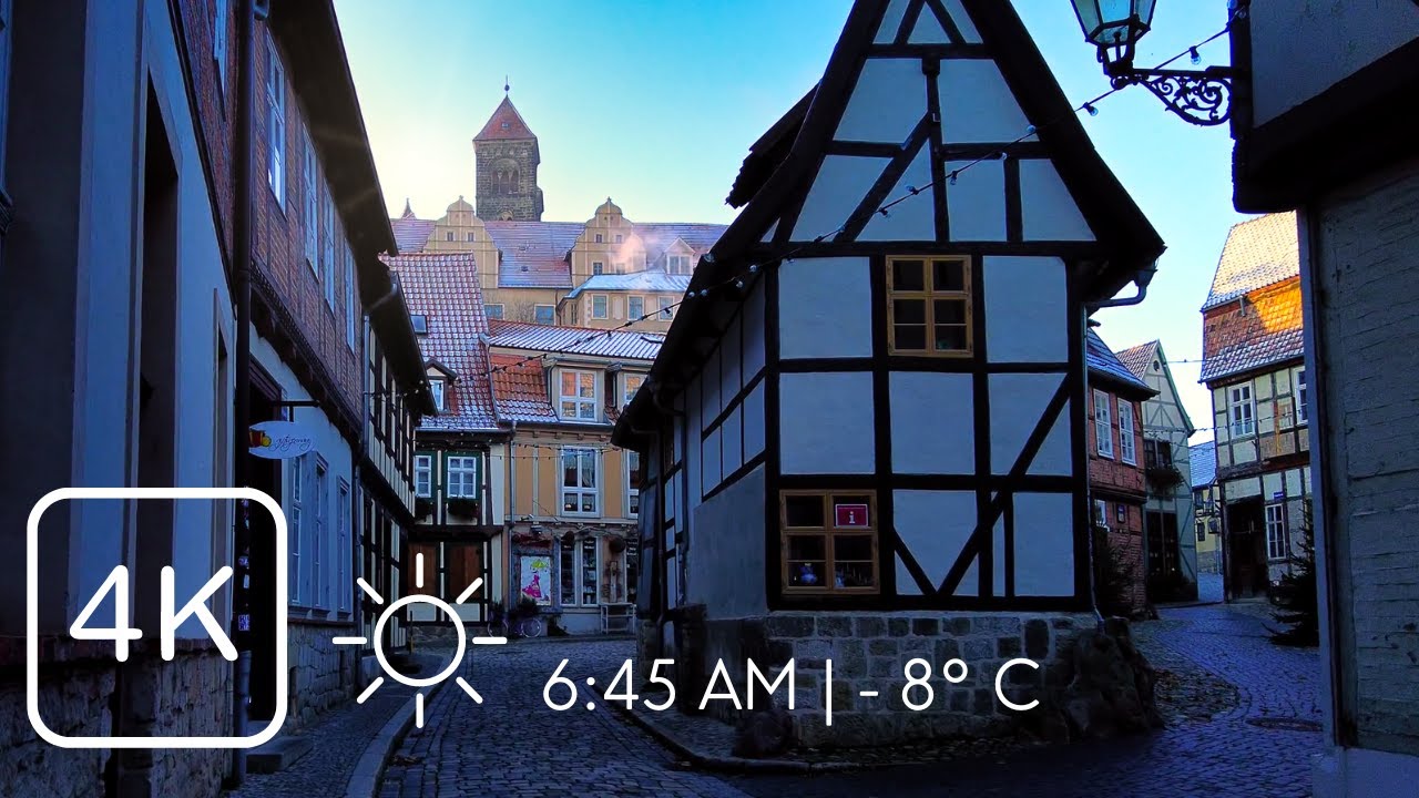 Winter walk through fairytale-like town as the sun rises | Quedlinburg, Germany
