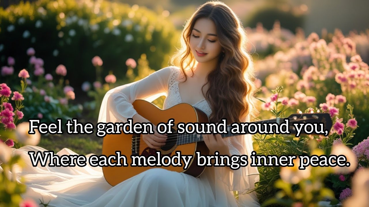 A Dreamy Serenity 🌿 Beautiful Young Woman with Guitar in Nature’s Garden