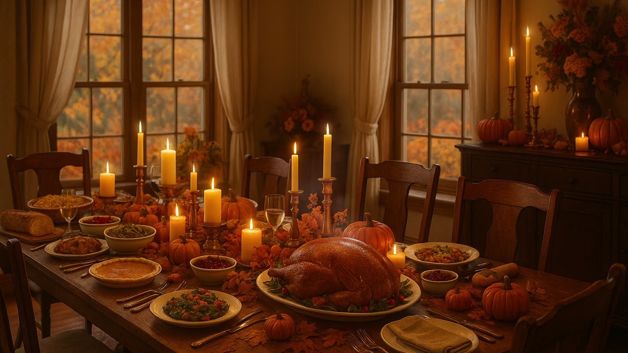 Warm Thanksgiving Dinner Ambience | Cozy Fall Dining Room, Soft Jazz & Background Chatter 🦃
