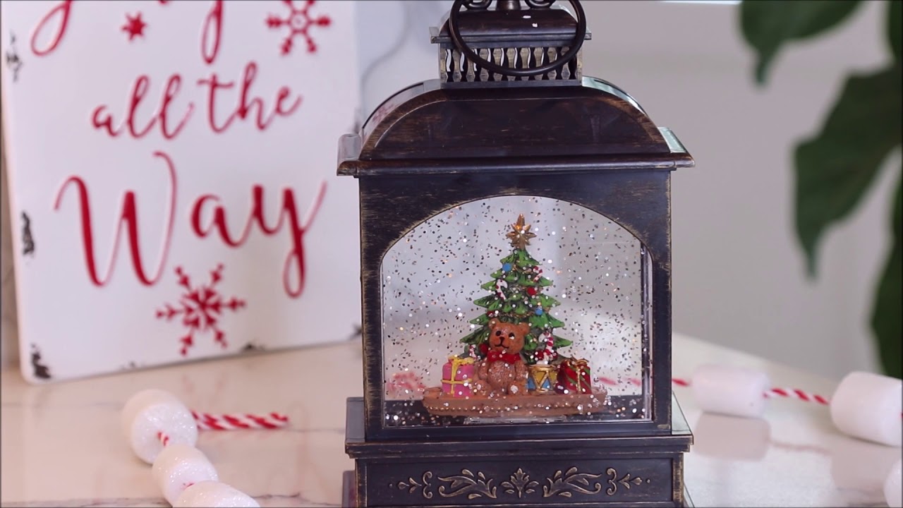8 Inch Christmas Tree With Teddy Bear Lighted Water Lantern In Swirling Glitter - 2497460