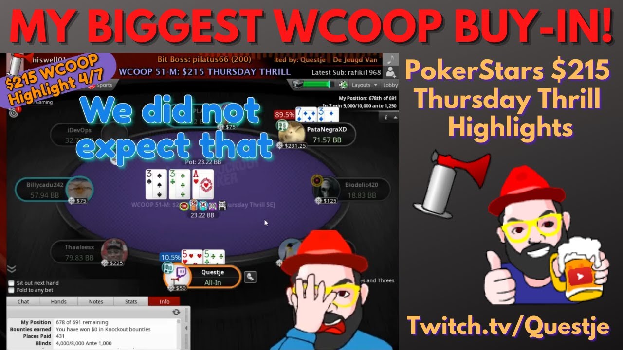 Poker Highlights Video: $215 Thursday Thrill - Questje's BIGGEST WCOOP Ever!