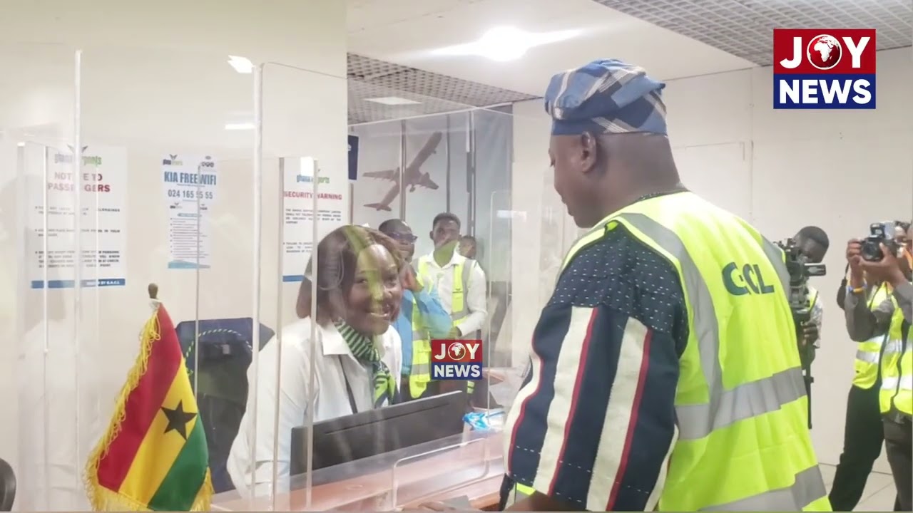 Minister of Transport Nikpe Bukari inspects work on the ongoing airport terminal 2 redevelopment.