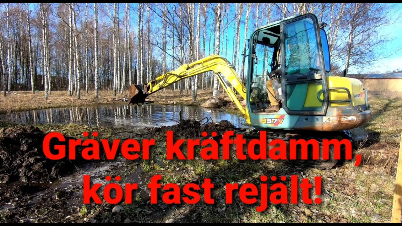 Börjar gräva kräftdamm och kör fast traktorn.