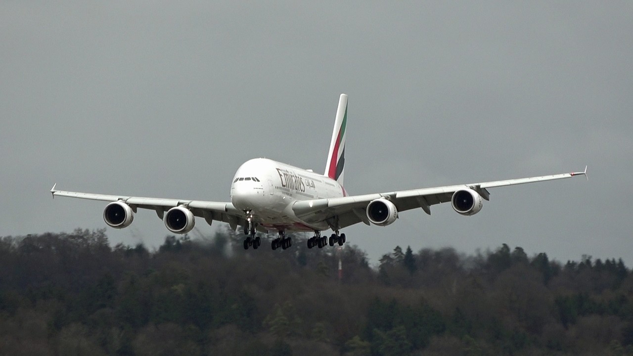 Emirates A6-EOC, Airbus A380 on a rainy day at Zurich airport in Switzerland