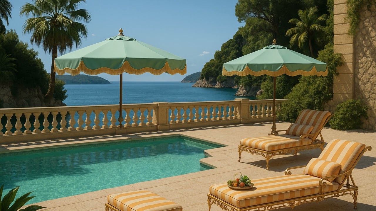Luxury Poolside Ambience 4K | Mediterranean Midday Escape with Ocean Sounds, Pool & Light Breeze