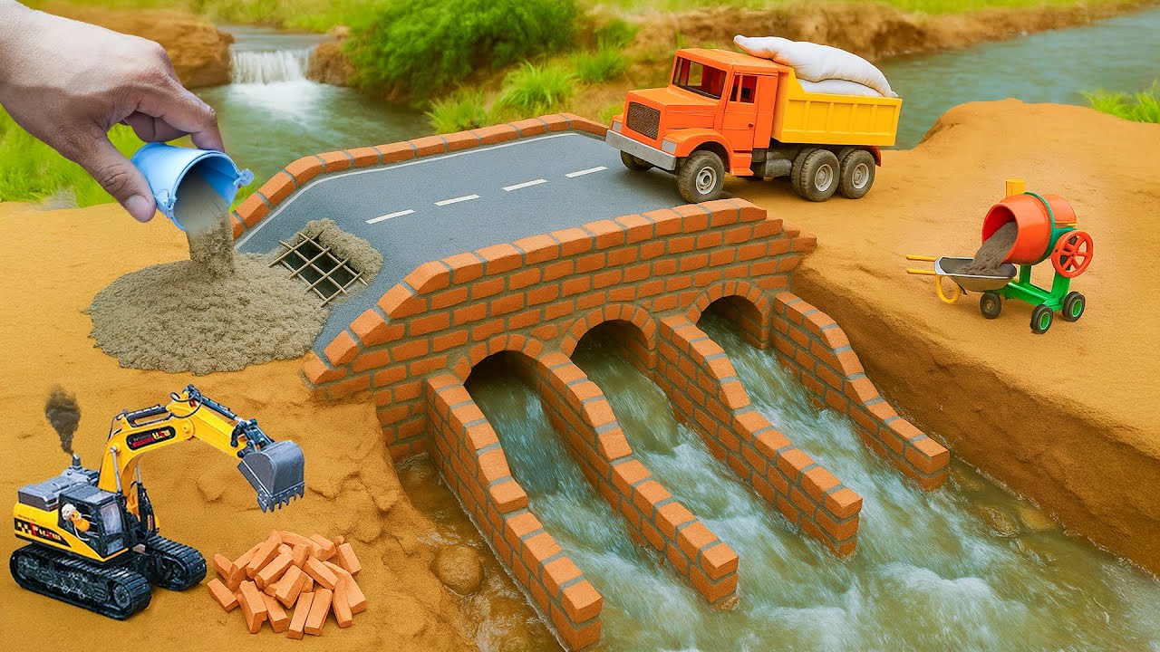 Thief Cracks Bridge | DIY Mini Truck Builds Brick & Metal Railing Bridge | @MinMinTractor