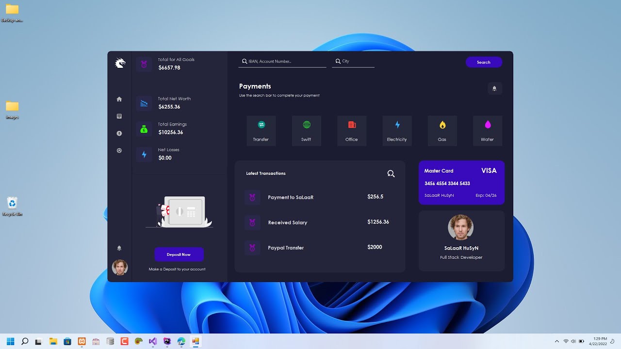 Designing a Dark E-Wallet Desktop Application User Interface | Bunifu Ui Framework