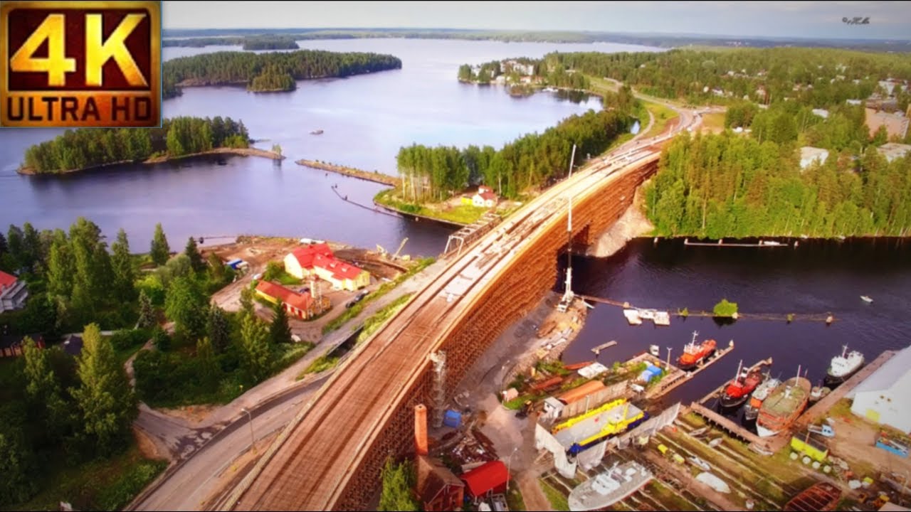 Laitaatsilta bridge construction from the air - Laitaatsalmi Finland Savonlinna 4K