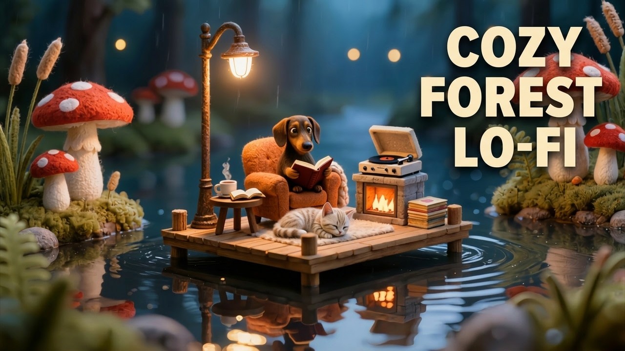Magical Forest Lo Fi 🍄 Cozy Fireplace & Night Ambience for Relax, Study & Sleep 🐶🌙🎧