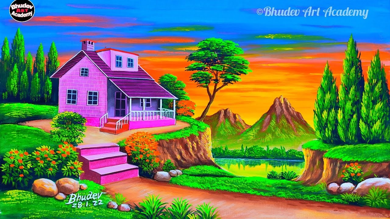 Beautiful Mountain Village Scenery Painting With Earthcolor|How To Draw Mountain Scenery Painting