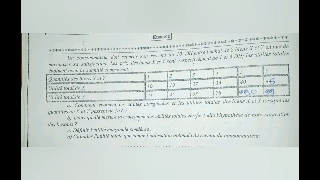 Microéconomie  _  comportement du consommateur  _ Exercice4 (analyse cardinale)  Darija
