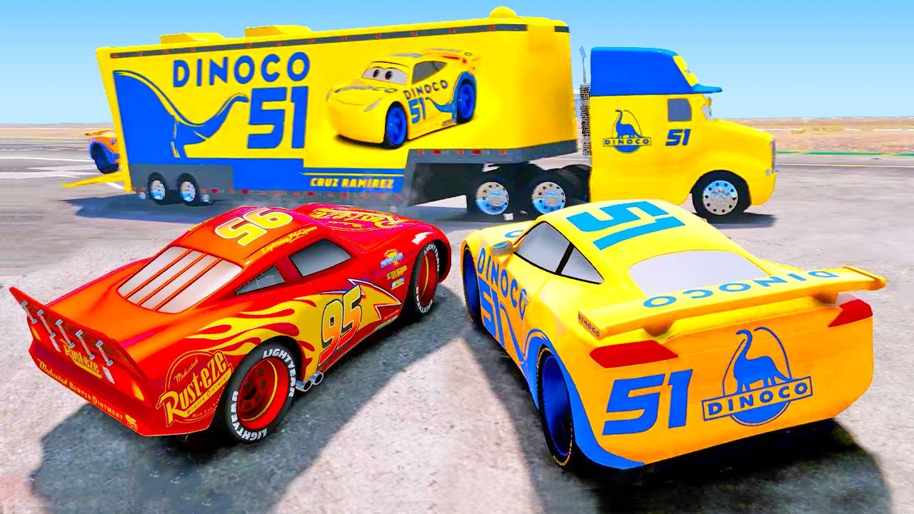 Cruz Ramirez Dinoco and hauler, Red Lightning McQueen, Fabulous Lightning McQueen Cars, Mack Trucks