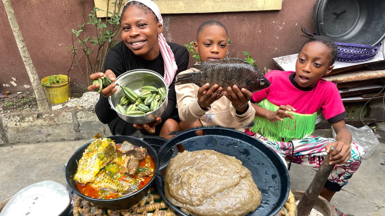 Okra Stew & Tilapia Fish + Plantain Fufu | African Village Dinner