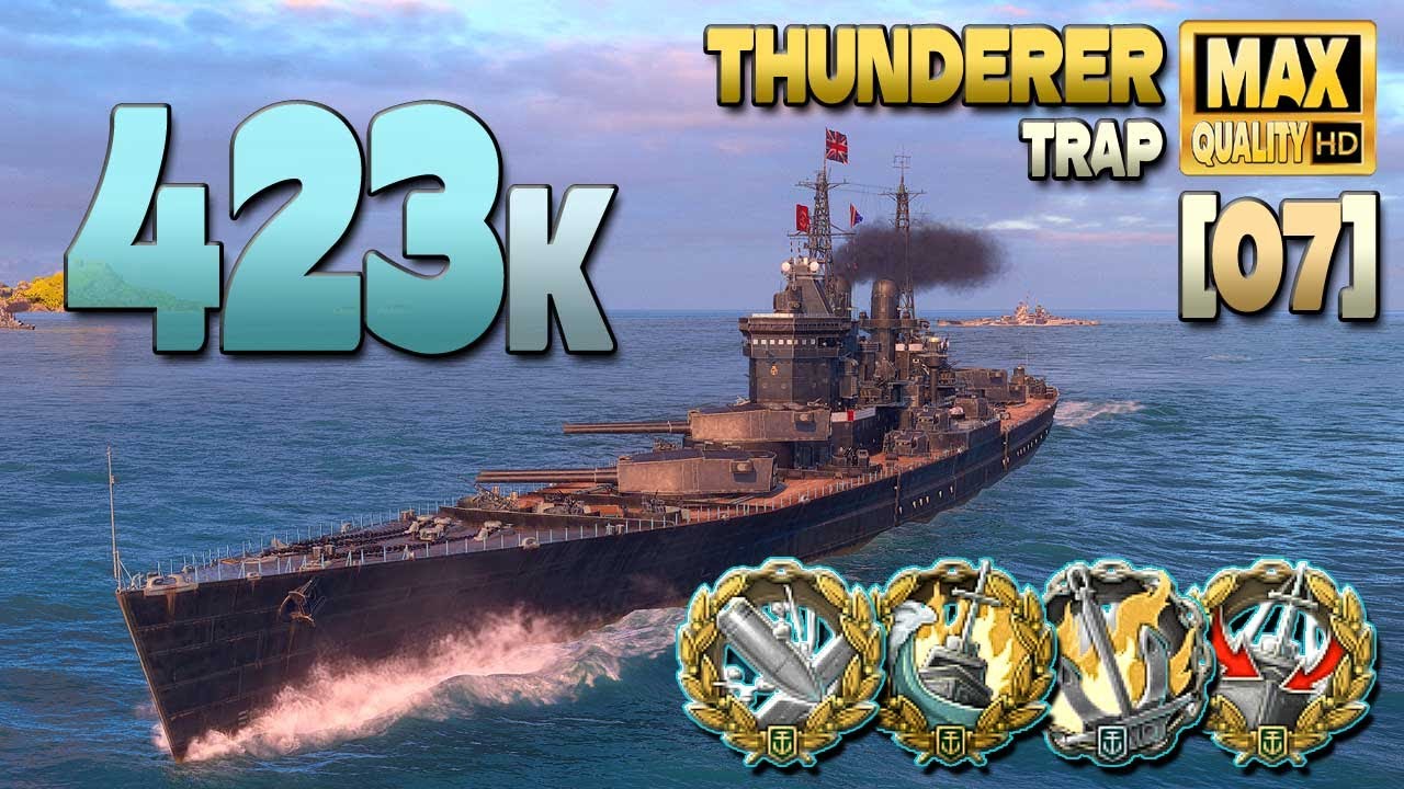 линкор Thunderer с огромной игрой на карте Trap [O7] - World of Warships