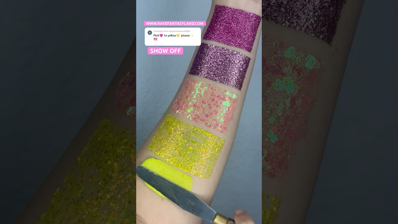 Rave Fantasyland Pink/Yellow Glitter Makeup Swatch 💝Comment a color/ theme you&rsquo;d like to see next🌈