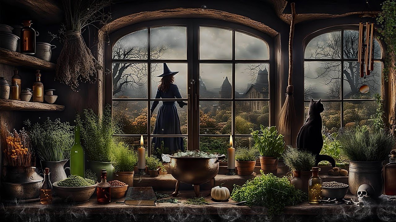 SPRING WITCH KITCHEN AMBIENCE-SPELLS & POTIONS-BLACK CAT-BUBBLING CAULDRON-RELAXING NATURE ASMR