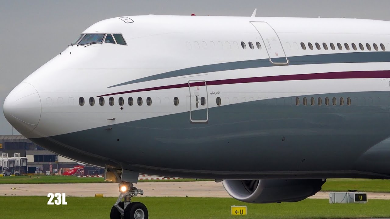 Qatar Amiri Flight A7-HBJ BBJ Boeing 747-8 Rare Stunning VIP Jet Departing Manchester To Stansted