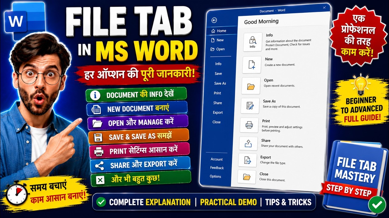 MS Word File Tab Explained in Hindi | Save, Open, Info, Export | Beginner Class