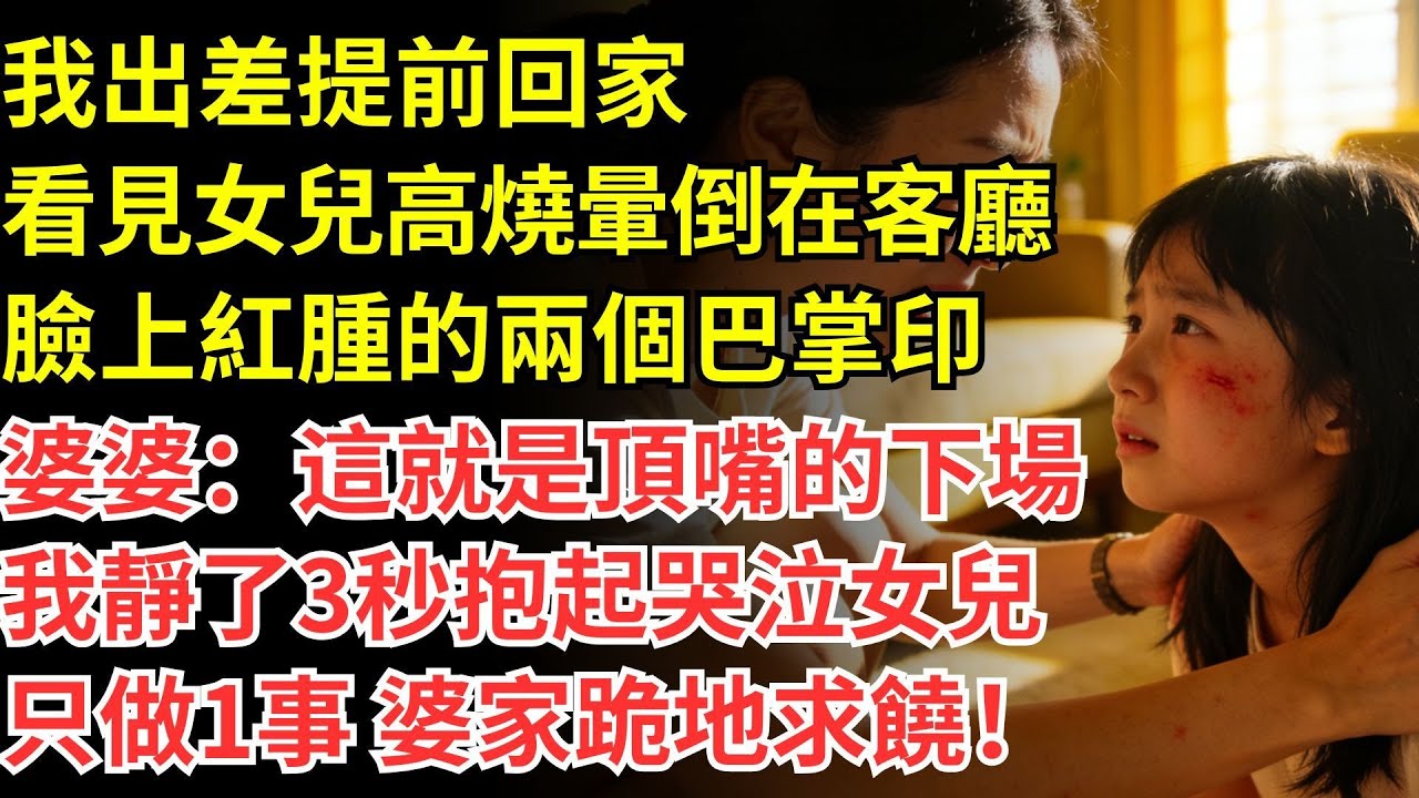 我出差提前回家，看見女兒高燒暈倒在客廳，臉上紅腫的兩個巴掌印，婆婆：這就是頂嘴的下場！我靜了3秒抱起哭泣女兒，只做1事 婆家跪地求饒！#情感#婆媳#家庭#智慧