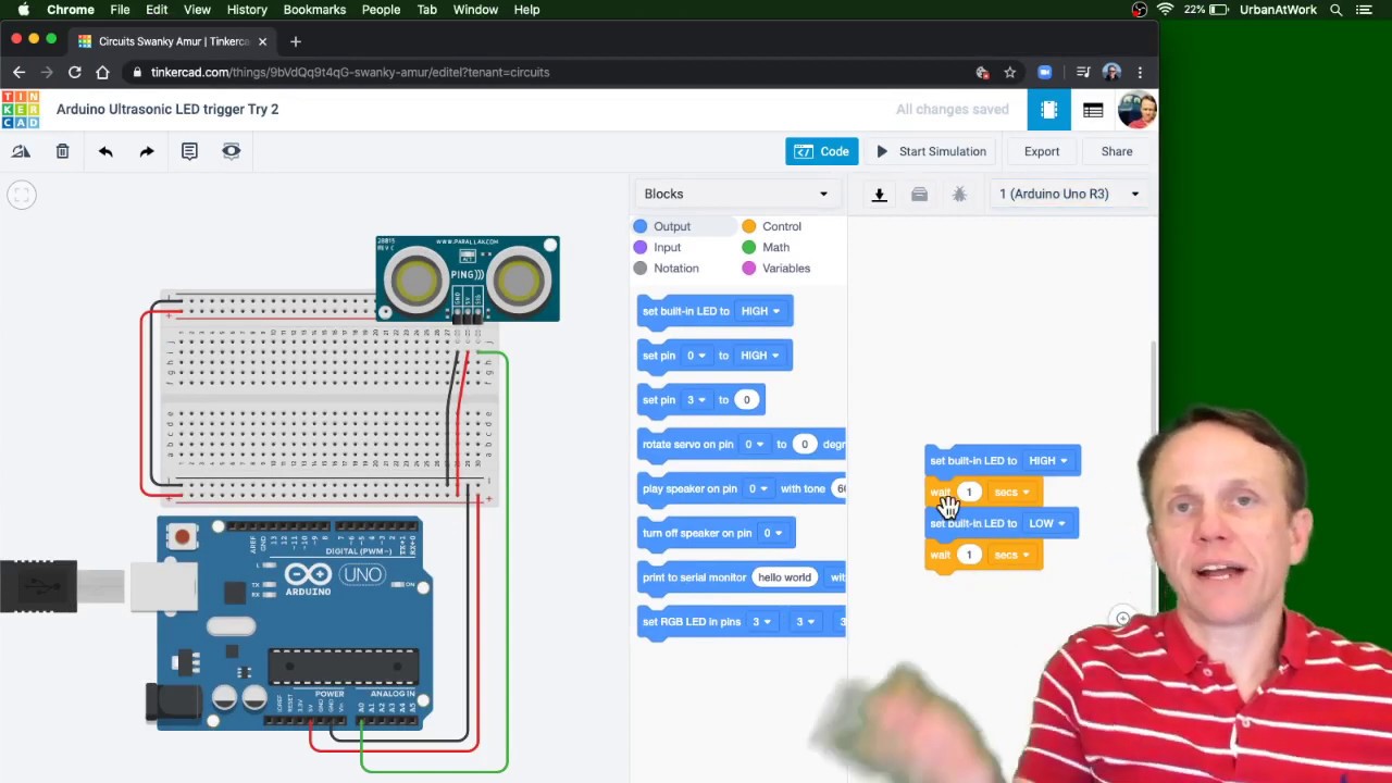 TinkerCAD Circuits - Ultrasonic Sensor triggers LED
