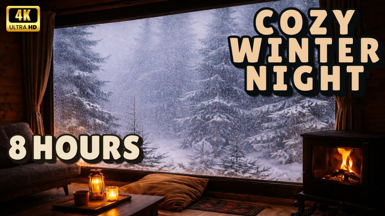 8 Hours Cozy Winter Cabin ❄️ Fireplace & Snowfall | Relax, Sleep, Study