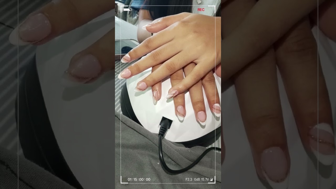 Short Almond White French Wave with Line. Glitter 