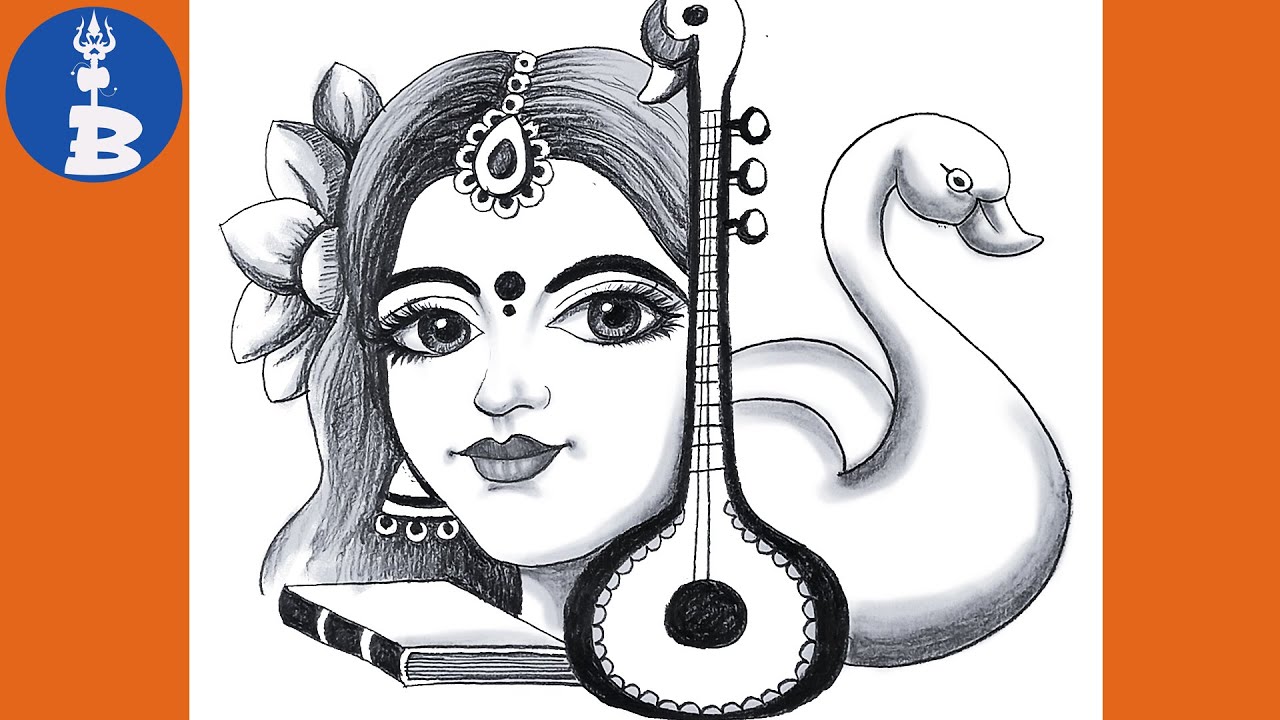 Saraswati Puja Drawing _ Maa Saraswati Devi Drawing _ Maa Saraswati Face With Bina Drawing Easy